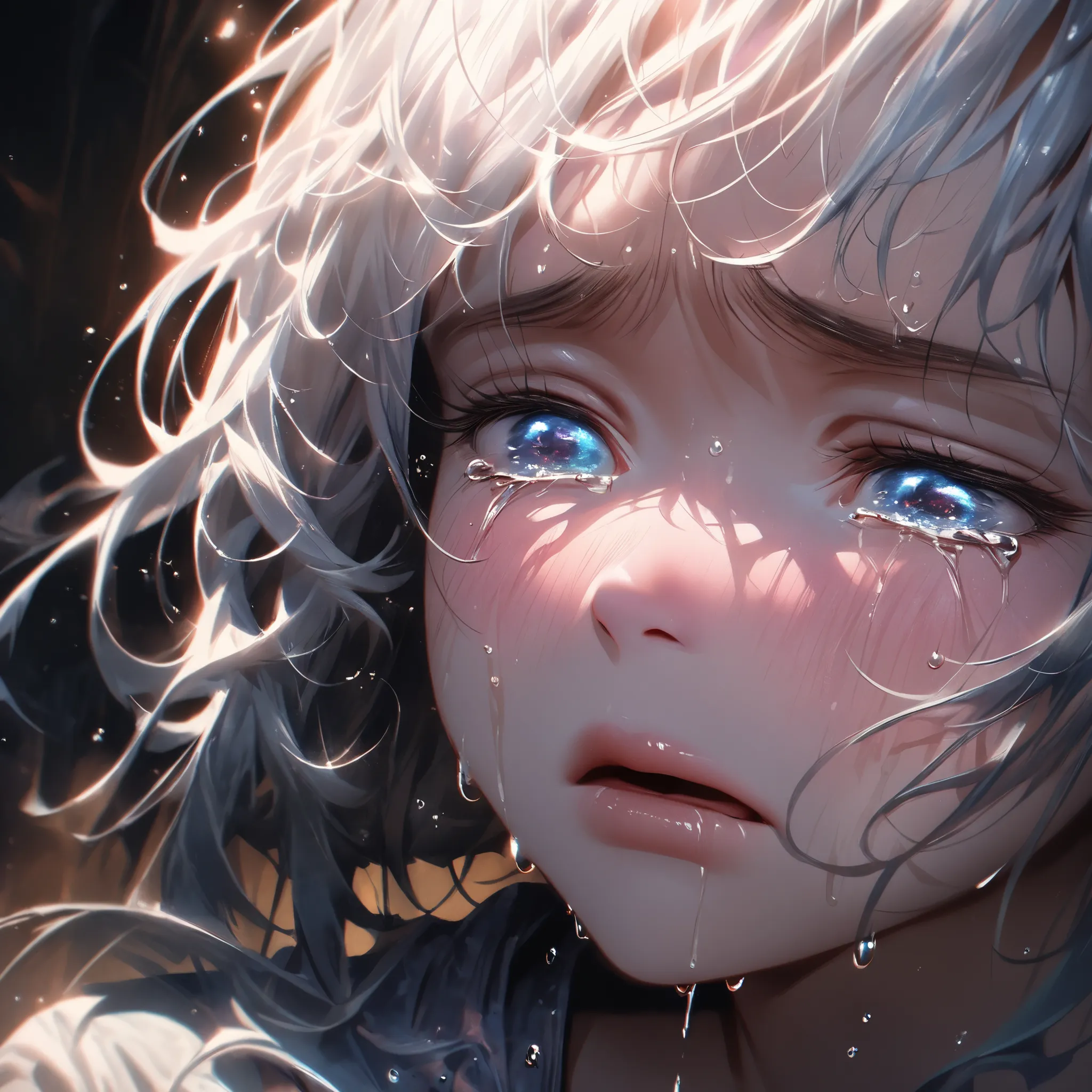 crying,aesthetic,extremely detailed,teary eyes,rosy cheeks,soaked lashes,emotional expression,intense sadness,dripping tears,true-to-life textures,highly refined details,dramatic lighting,seamless blending of colors,vibrant hues,artistic composition,layere...