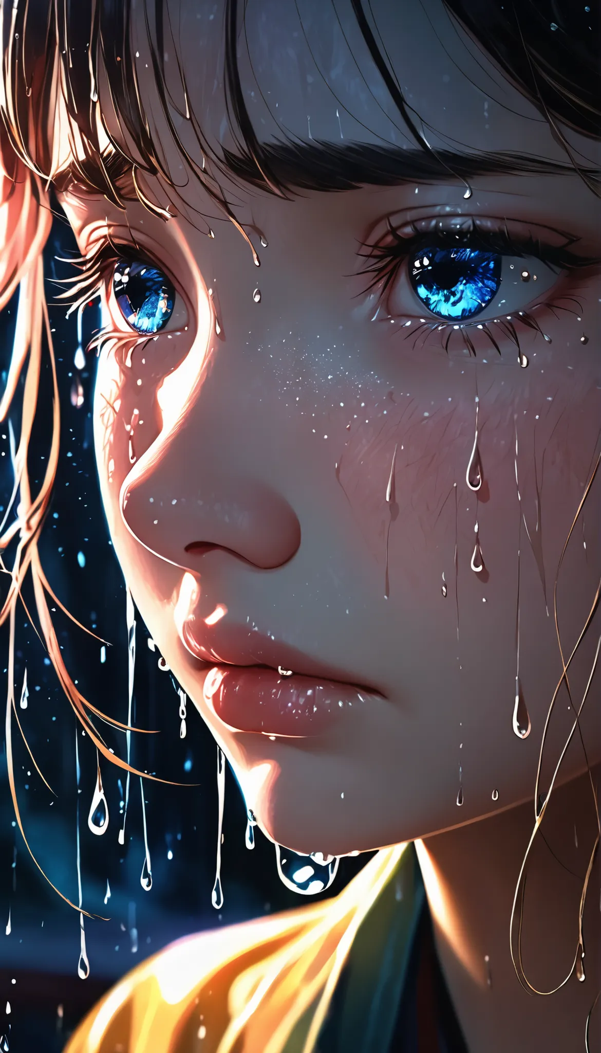 Are crying,beautiful,Very detailed,Watery eye,Rosy Cheeks,Wet eyelashes,emotional expression,Intense sadness,Dripping tears,True-to-life texture,Highly refined details,Dramatic lighting,seamless blend of colors,Vibrant colors,Artwork,Layered brush strokes,...