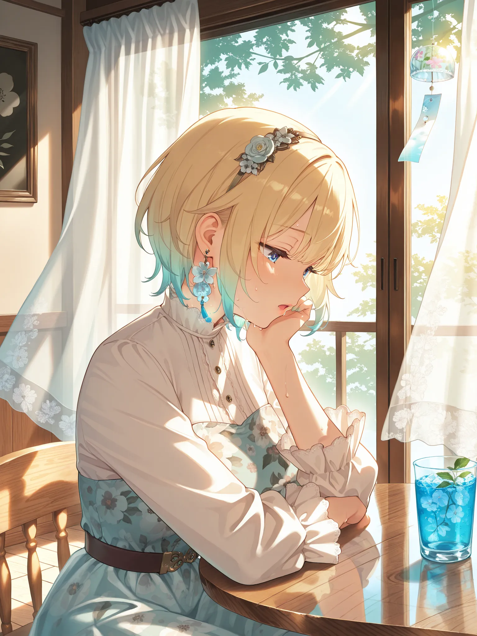 EmaOnePiece, short hair, flower hairband, flower earrings, floral print One-Piece dress, layered skirt,
high-collar long-sleeve dress, covered shoulders, detailed floral fabric,

sitting in a softly-lit café, profile view, slightly open mouth, pouty expres...