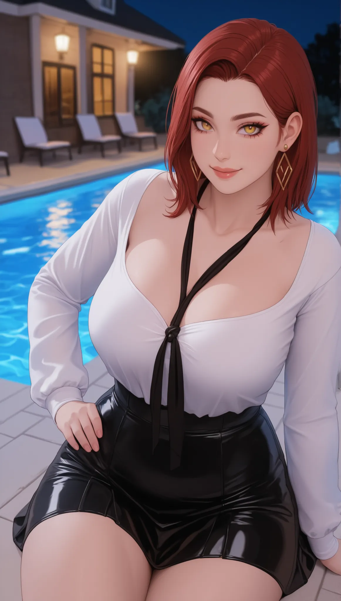 (masterpiece), (portrait), huges breasts (aesthetics), ((1 female 21 years old)), Highlight earrings), ((medium hair)), ((Hot dark red hair)), straight hair, thin eyes open, yellow eyes, cute, female, woman, mischievous smile, beautiful, female features, t...