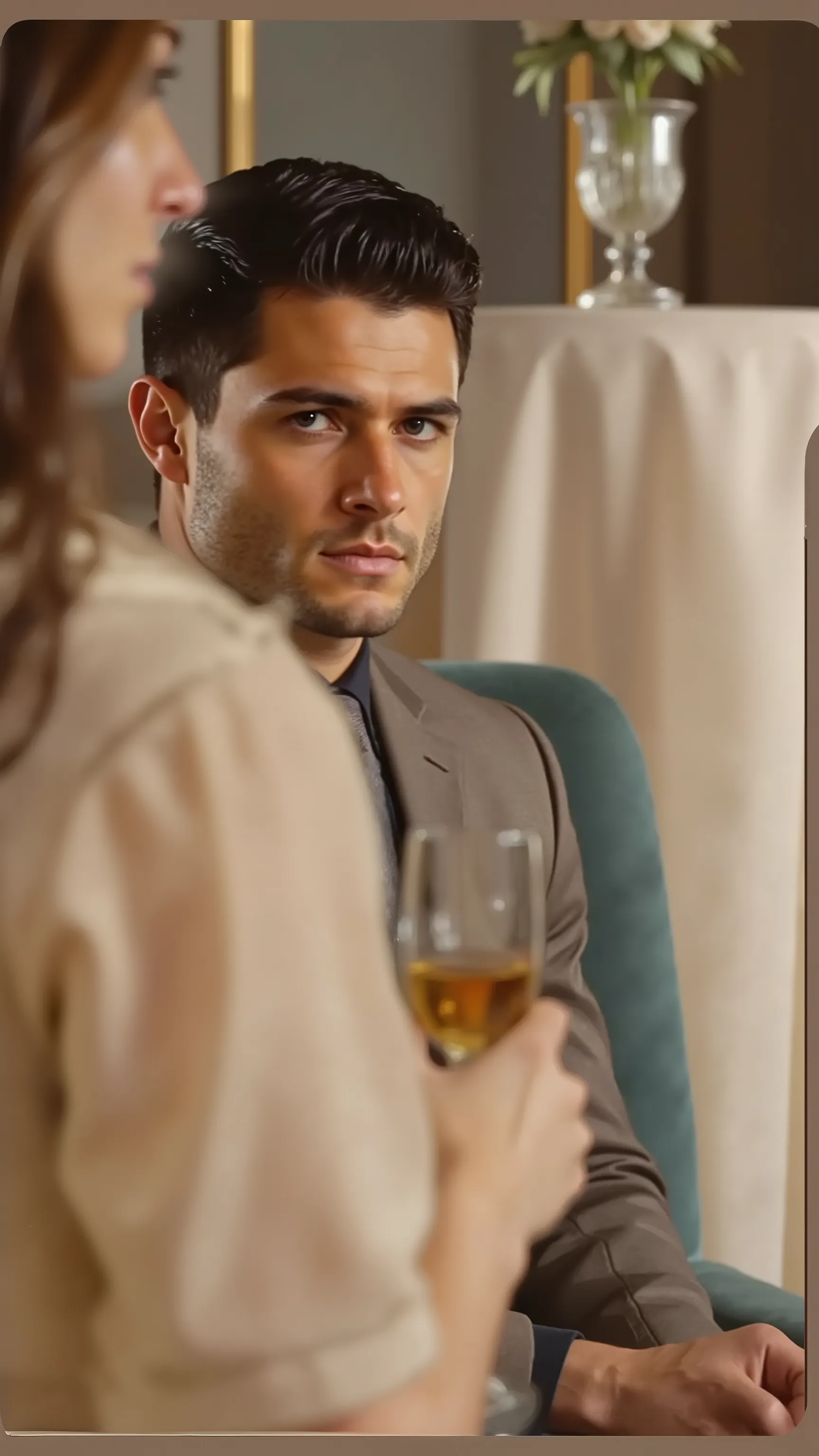 30-year-old athletic male with intense expression, close-up portrait. Black short hair, styled with volume on top and neatly trimmed sides. Strong jawline with defined cheekbones. Thick straight eyebrows, deep-set dark brown eyes with focused gaze. Straigh...