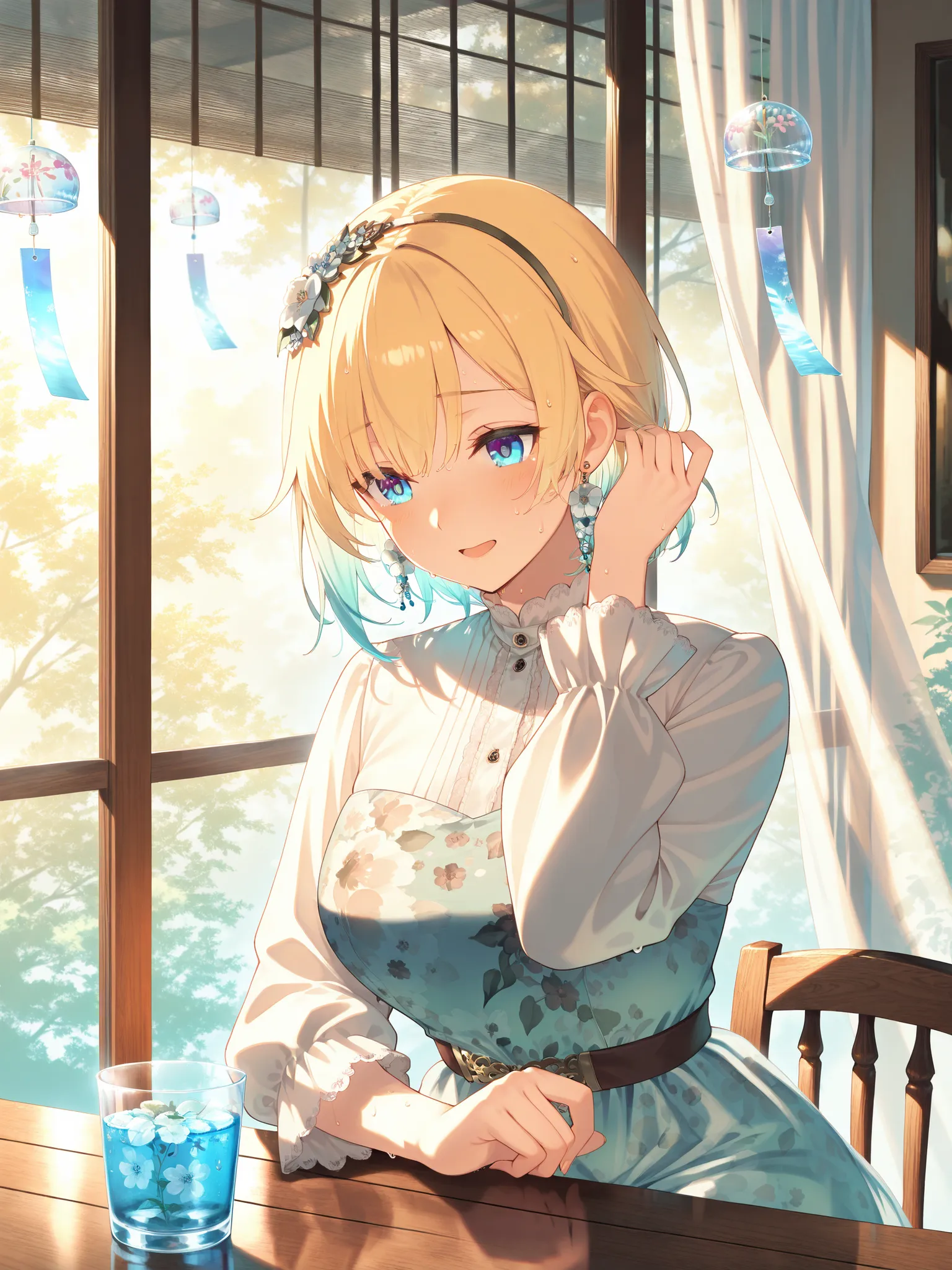 EmaOnePiece, short hair, flower hairband, flower earrings, floral print One-Piece dress, layered skirt,
high-collar long-sleeve dress, covered shoulders, detailed floral fabric,

sitting in a softly-lit café, relieved expression, gentle smile, slightly ope...