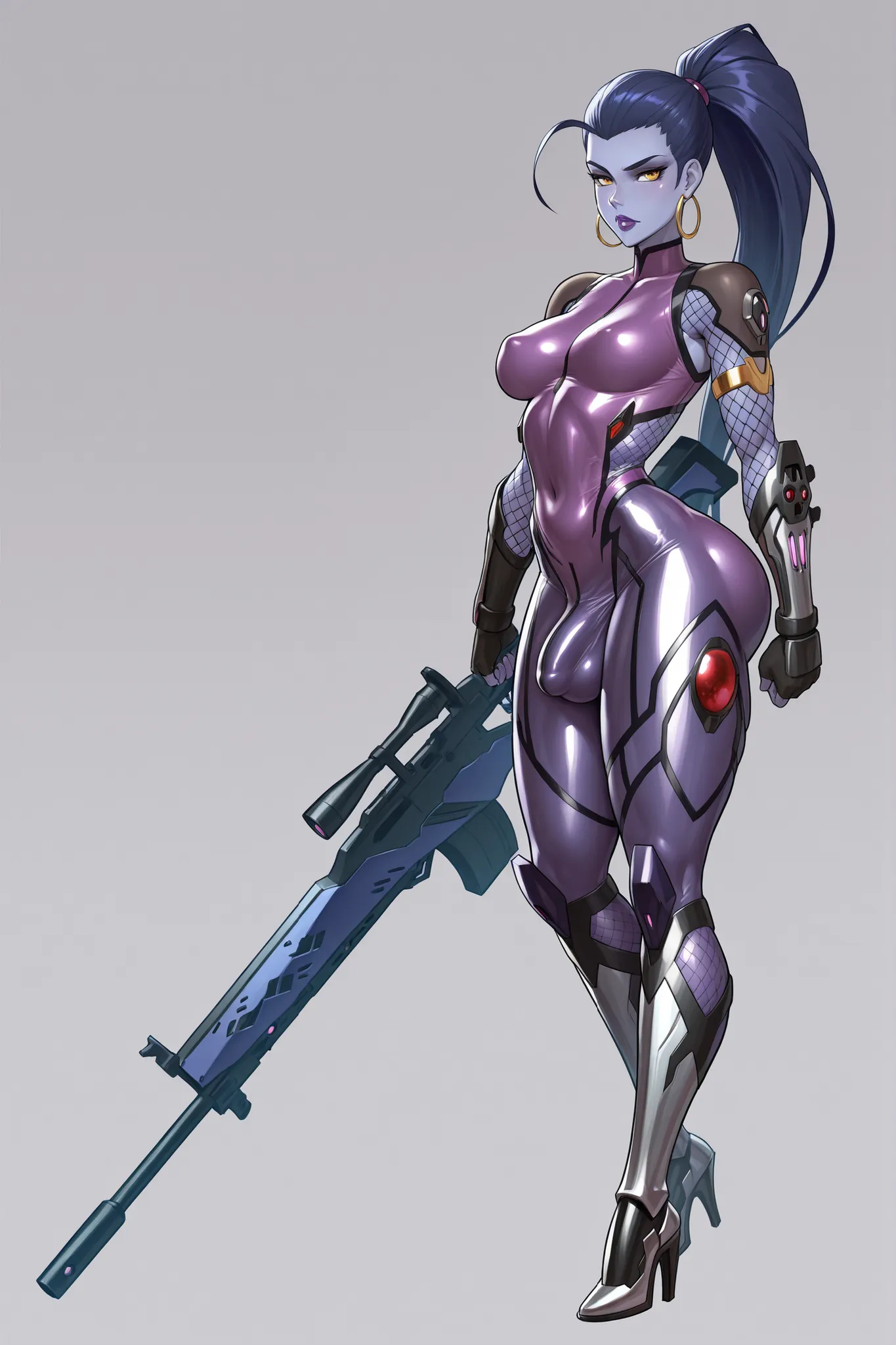 (IllusP0s),(Mikoyan style:0.6),(the pit style:0.35),(masterpiece,best quality,ultra_detailed,highres,absurdres:1.2,amazing quality,very aesthetic), source_anime, widowmaker, purple skin, (taimanin_bodysuit), futanari,, thick purple lips, flaccid veiny peni...
