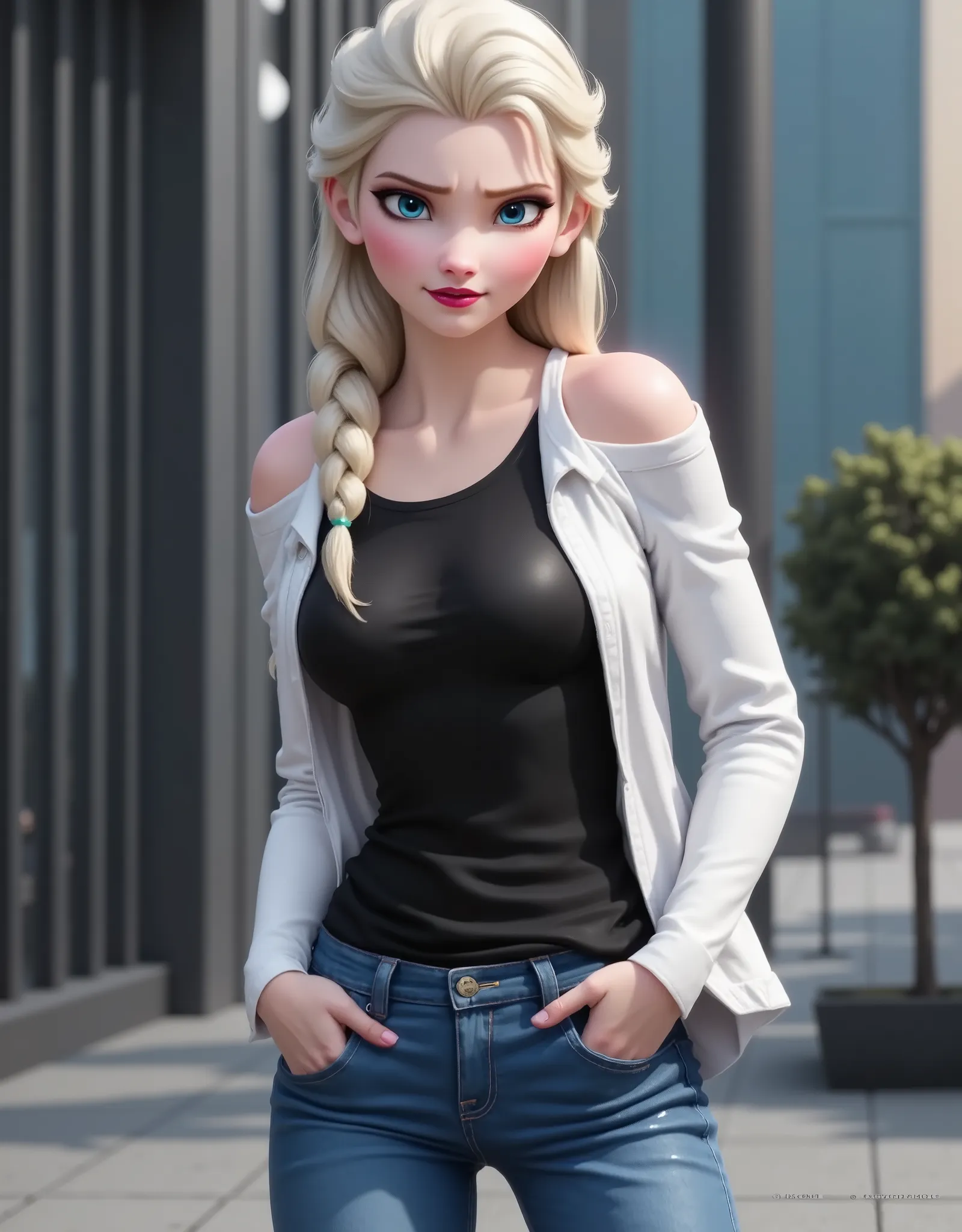 Elsa has a black shirt and white jacket, And she's wearing jeans..Get out