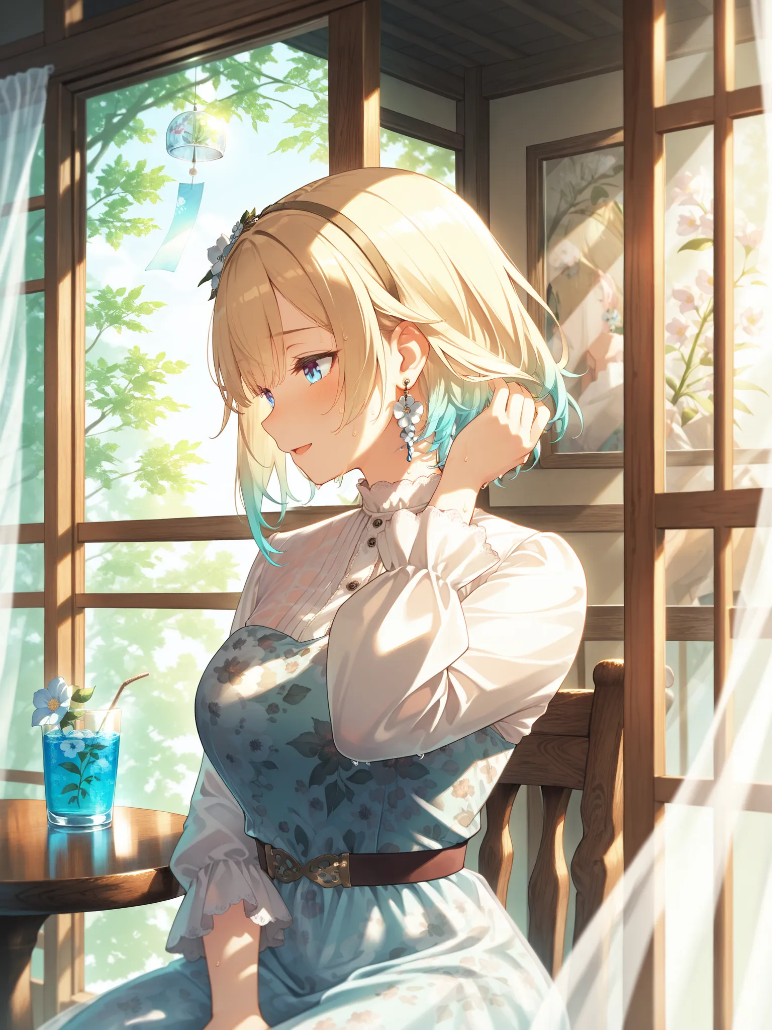 EmaOnePiece, short hair, flower hairband, flower earrings, floral print One-Piece dress, layered skirt,
high-collar long-sleeve dress, covered shoulders, detailed floral fabric, semi-transparent fabric, damp clothes, fabric clinging to skin, slightly see-t...