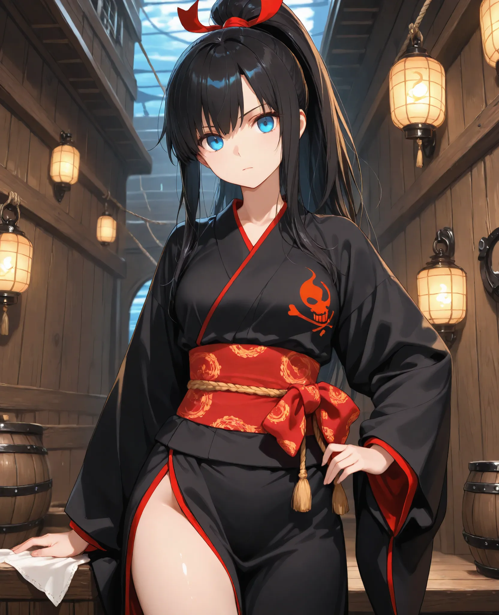 "A beautiful  anime girl inside a pirate ship, with a clear and well-lit background showing wooden walls, barrels, lanterns, and ropes, all in high detail. She is standing and looking directly at the camera, with a confident expression on her face. Her pos...