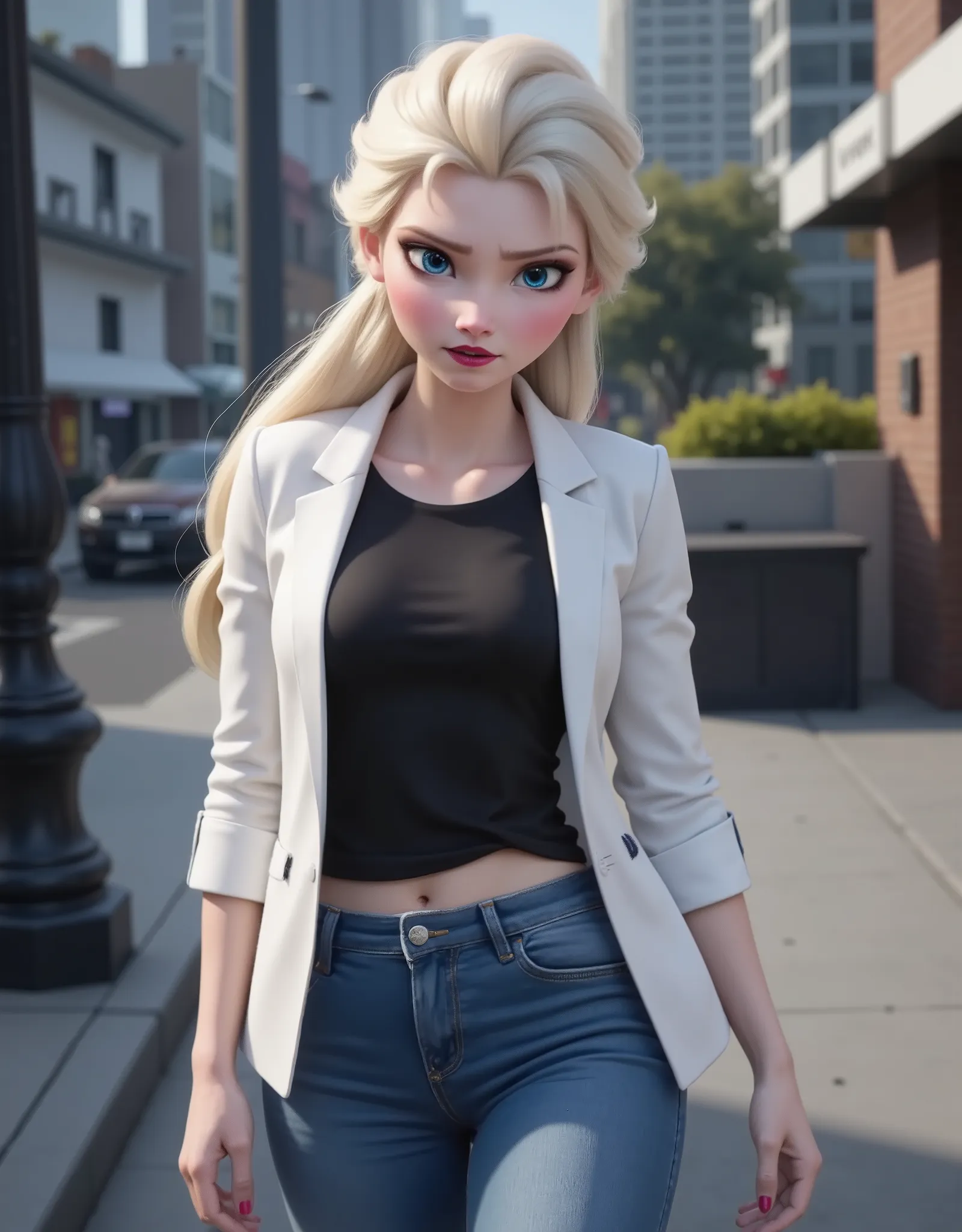 Elsa has a black shirt and white jacket, And she's wearing jeans..Get out
