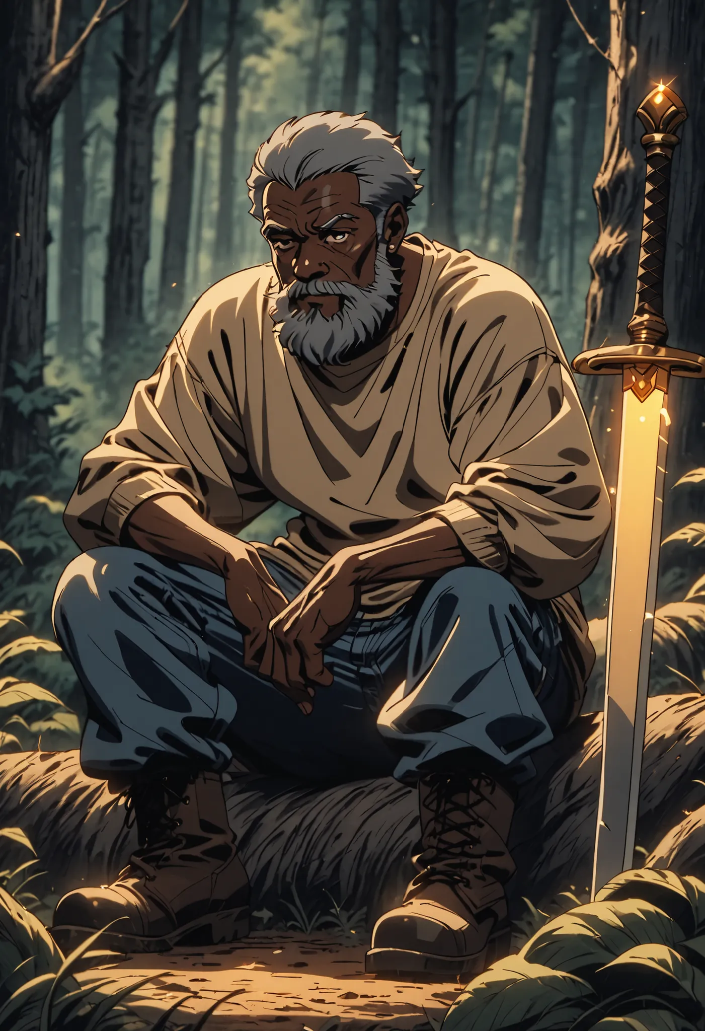 male character, elderly African man, short gray hair and beard, eyes with an incandescent glow, wearing a long-sleeved shirt, jeans and boots, hands resting on the handle of a long sword in front of him, in the background a dense forest, artstyle 90's, cah...