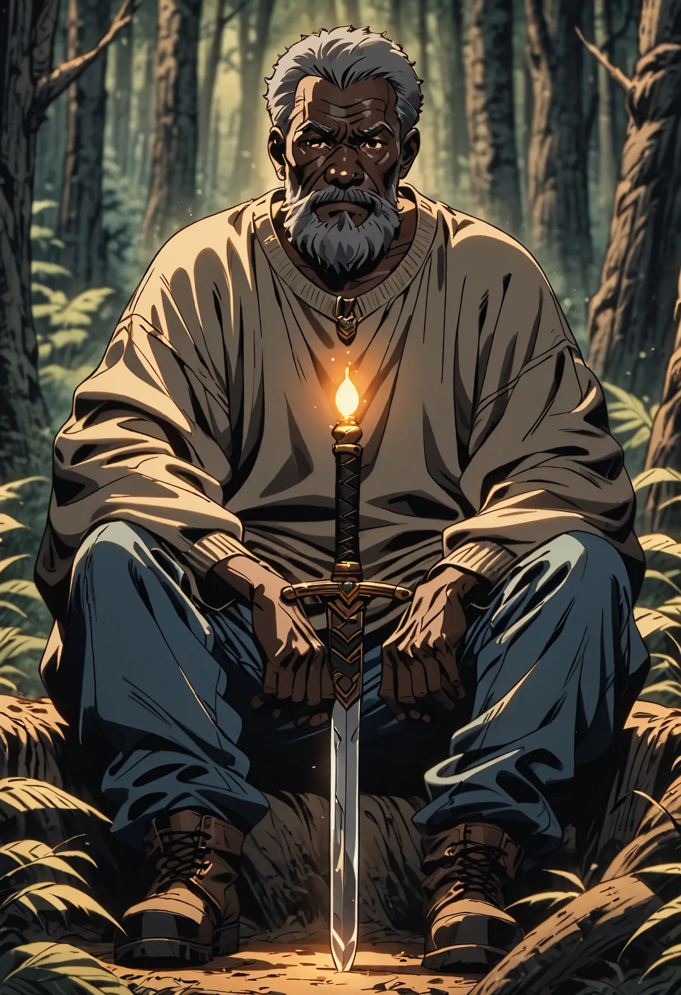 male character, elderly African man, short gray hair and beard, eyes with an incandescent glow, wearing a long-sleeved shirt, jeans and boots, hands resting on the handle of a long sword in front of him, in the background a dense forest, artstyle 90's, cah...