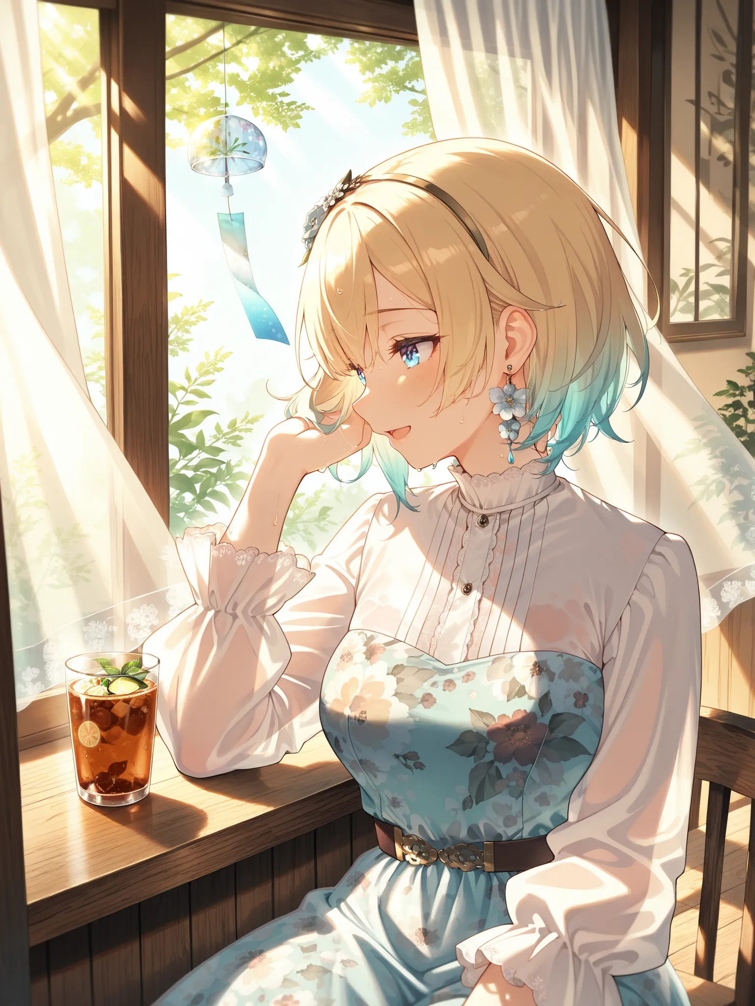 EmaOnePiece, short hair, flower hairband, flower earrings, floral print One-Piece dress, layered skirt,
high-collar long-sleeve dress, covered shoulders, detailed floral fabric, semi-transparent fabric, damp clothes, fabric clinging to skin, slightly see-t...