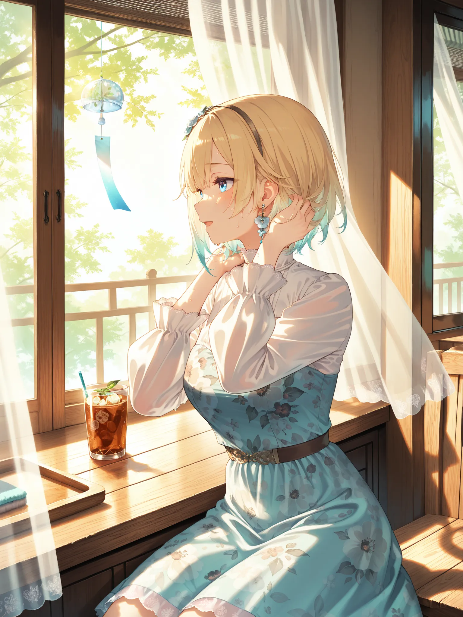 EmaOnePiece, short hair, flower hairband, flower earrings, floral print One-Piece dress, layered skirt,
high-collar long-sleeve dress, covered shoulders, detailed floral fabric, semi-transparent fabric, damp clothes, fabric clinging to skin, slightly see-t...