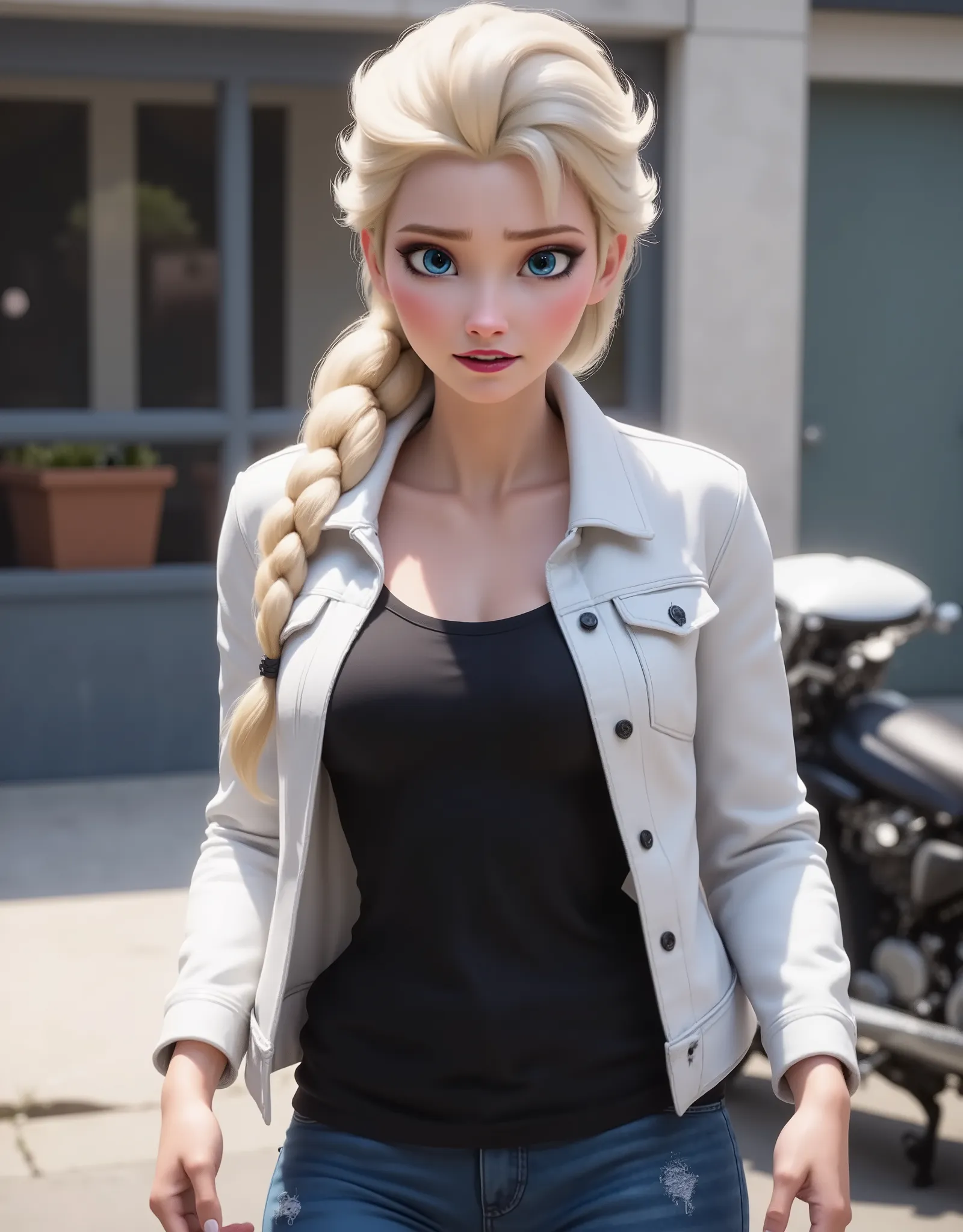 Elsa has a black shirt and white jacket, And she's wearing jeans..Get out