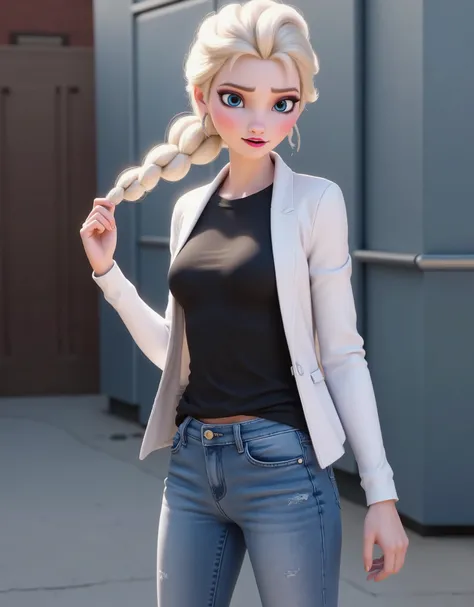 Elsa has a black shirt and white jacket, And she's wearing jeans..Get out