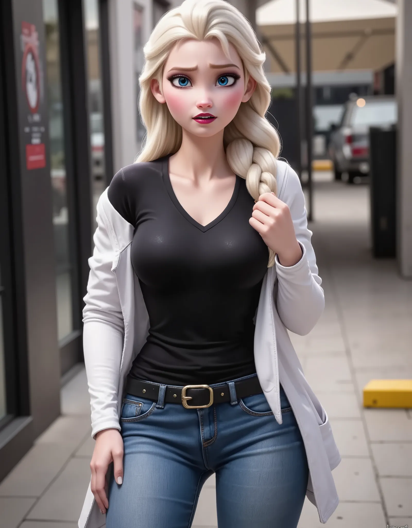 Elsa has a black shirt and white jacket, And she's wearing jeans..Get out