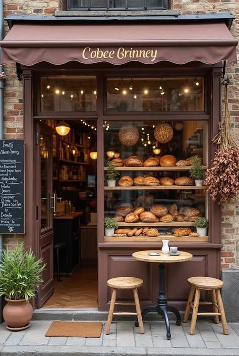 Tiny bakery、lots of bread arranged deliciously、A small bakery with an attractive chocolate exterior, Coffee cup by the window, comfortable seating area where 2 people can relax. Dried flowers hanging on the storefront、A chalkboard menu with exotic blends written on it is displayed.