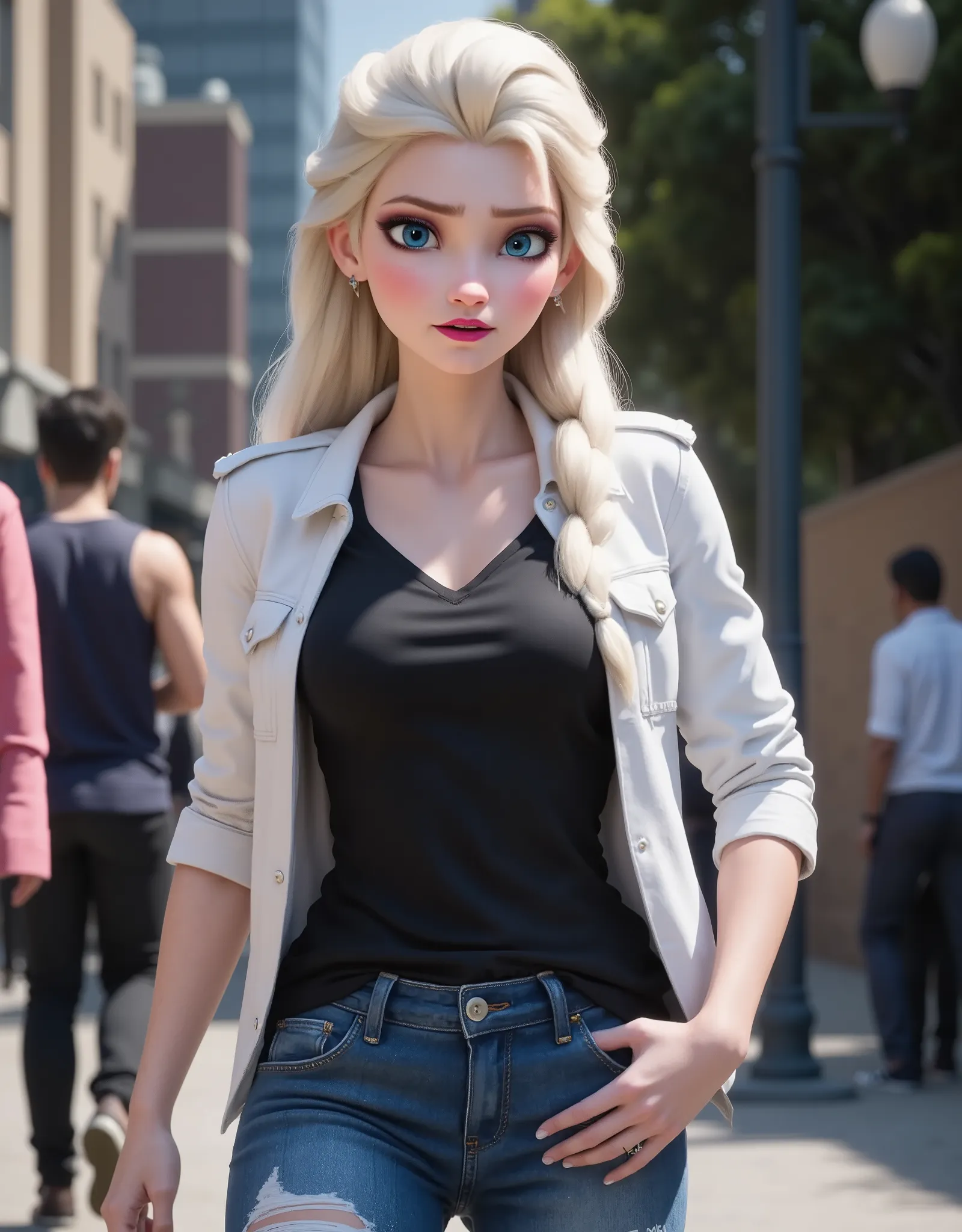 Elsa has a black shirt and white jacket, And she's wearing jeans..Get out