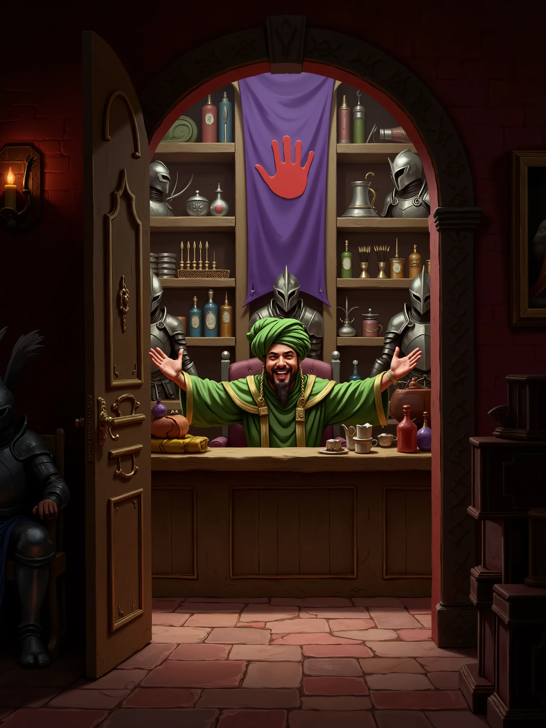 interior dungeon hallway, door open, inside is a shop, smiling man, Short, jolly, dressed like a Sultan in green robes, comedically large turban, green robes, sitting, behind a counter, his arms open wide, in the corner are suits of armor, walls and counte...
