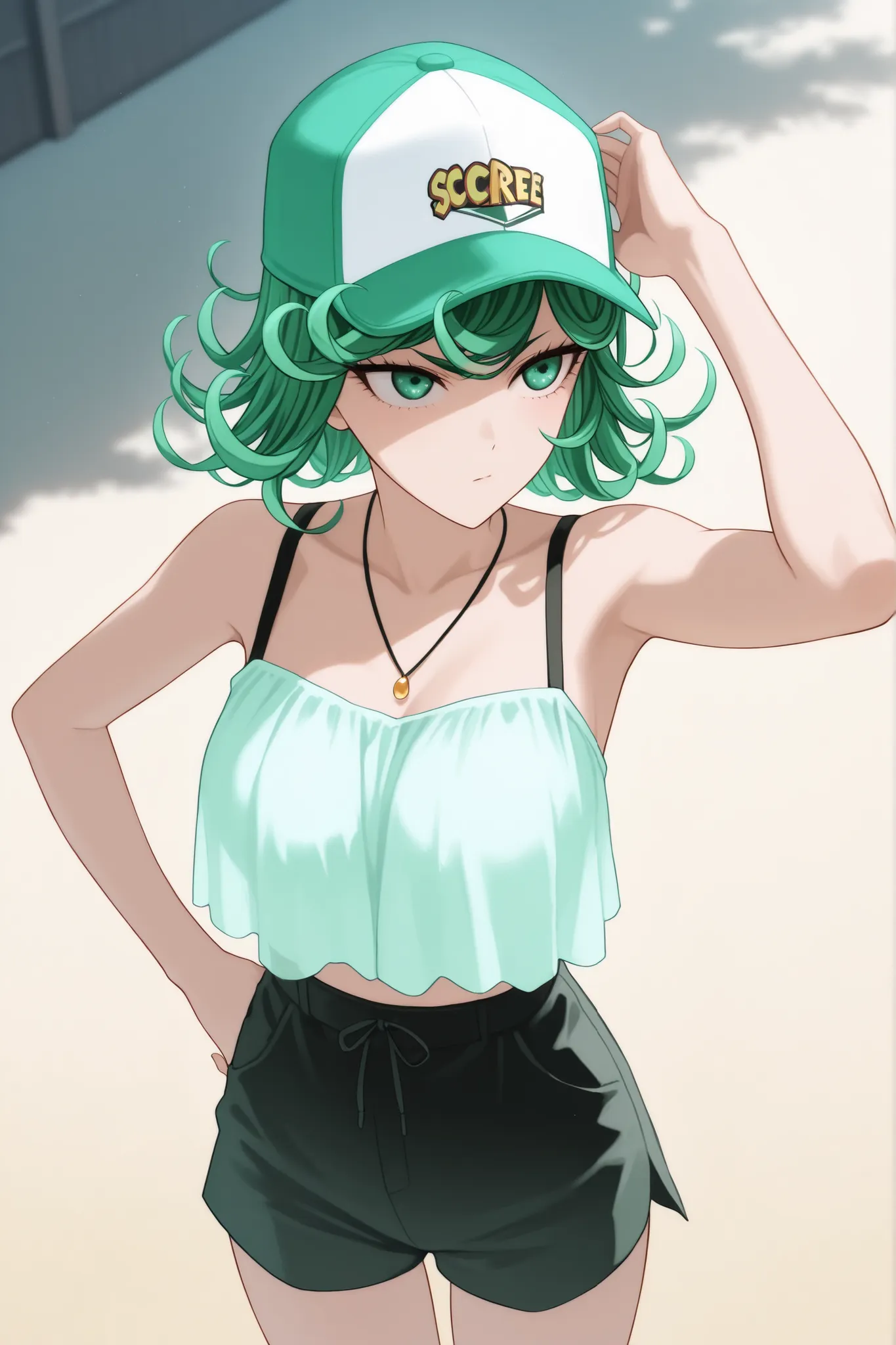 score_9, score_8_above, score_7_above, tatsumaki na playa tropical, baseball cap  ,  Vista desde above, 