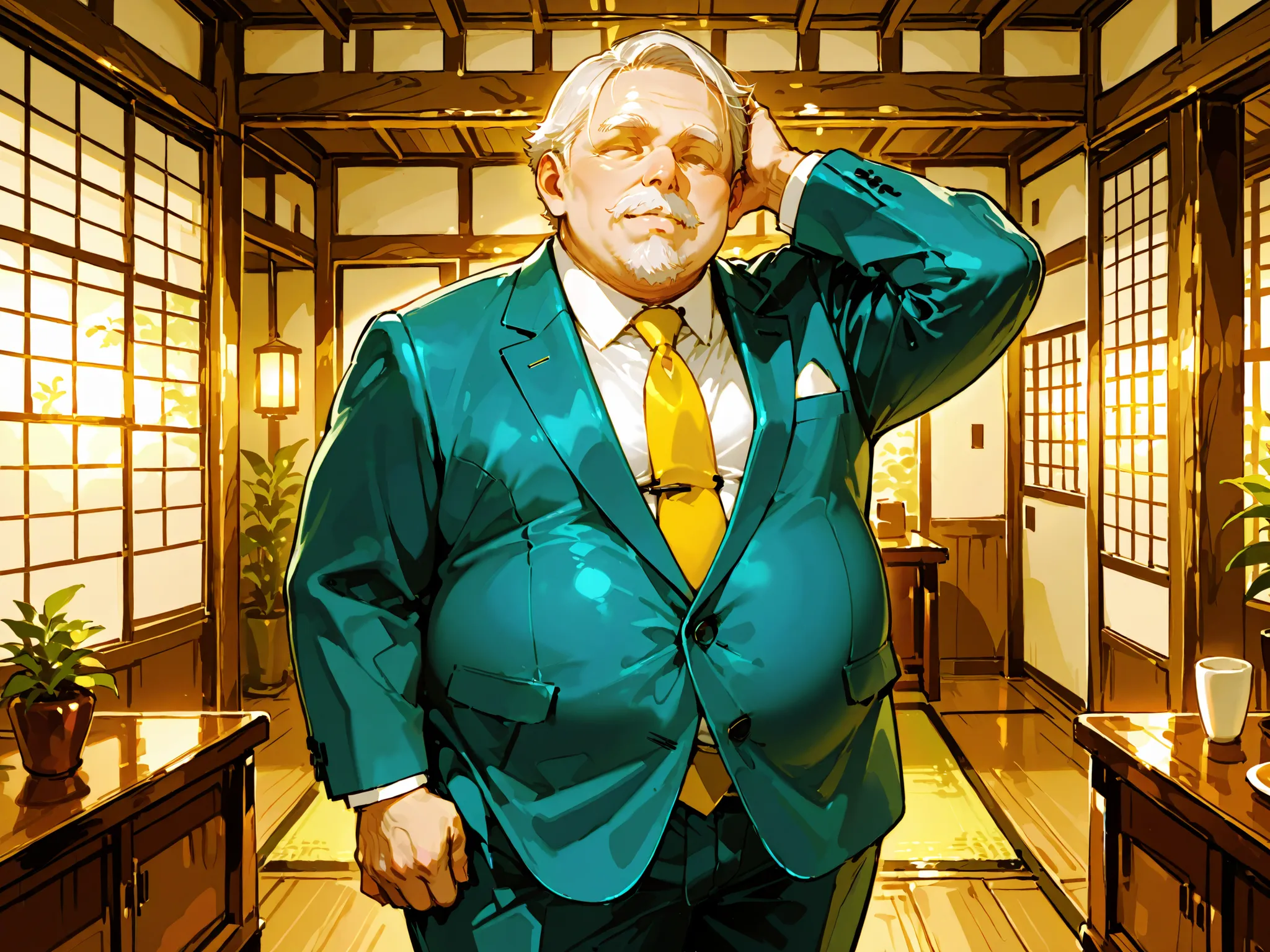 Standing with one hand behind his head, looking troubled, Solo, Fat old man, Faceless male character, Interior of a Japanese restaurant, Wearing a suit, Yellow tie,