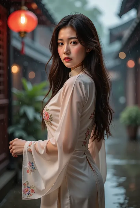 8K, highly detailed face and skin texture, long-haired Asian girl with a curvy figure and big hips, wearing modernized traditional Vietnamese clothing (flowing áo dài), standing in the rain, looking at the audience, rear view, clarify the focus, visible ra...