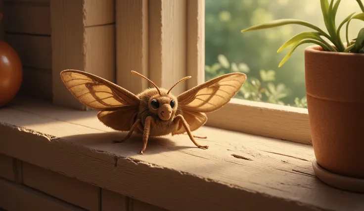  Hyperrealistic 3d cinematic close-up of a small moth resting on wooden windowsill, soft shadows, golden afternoon light, symbolic natural detail
