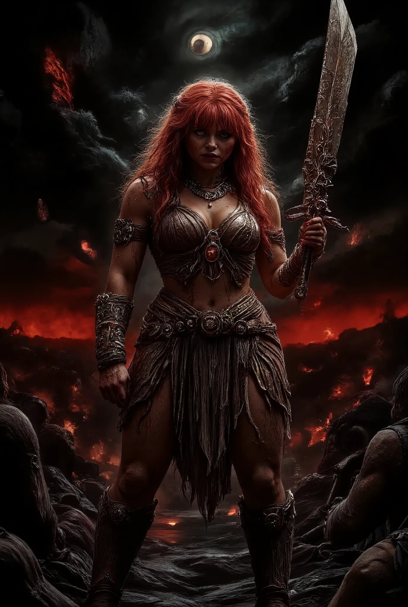 Scarlet Johansson as Red Sonja in a dynamic combat stance, showcasing defined, battle-ready musculature. Her vibrant red hair flows in thick, wild strands - partially braided but now loosened by combat, with sweat-drenched tendrils sticking to her blood-sm...