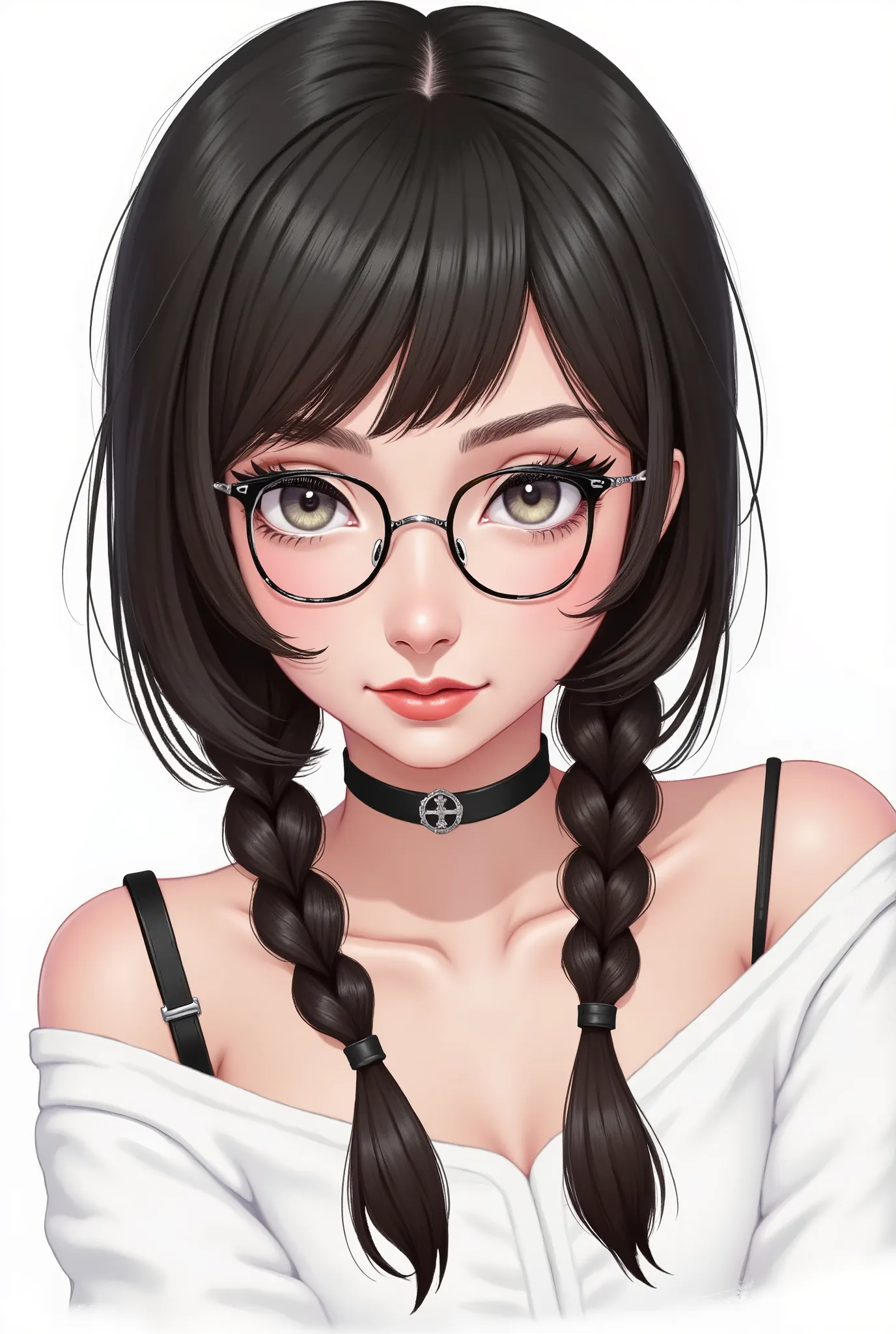 smudgy, traditional art, liu2, brush texture, score_9, score_8_up, score_7_up, 1girl, black hair, braids, straight hair, long hair, grey eyes, thick lips, small, long eyelashes, half-closed eyes, black-framed eyewear, round eyewear, black choker, blunt ban...