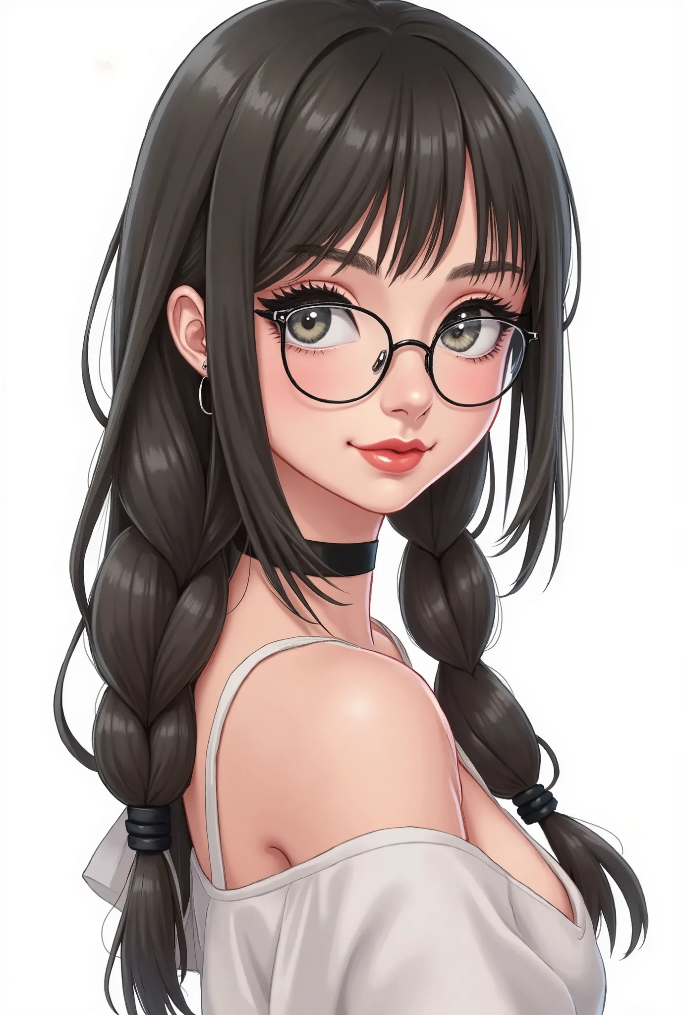 smudgy, traditional art, liu2, brush texture, score_9, score_8_up, score_7_up, 1girl, black hair, braids, straight hair, long hair, grey eyes, thick lips, small, long eyelashes, half-closed eyes, black-framed eyewear, round eyewear, black choker, blunt ban...