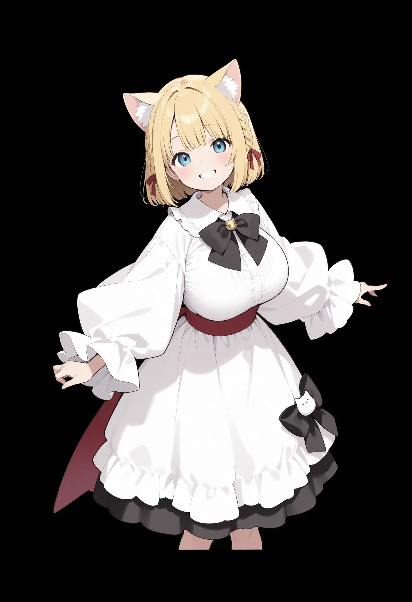 Blonde Cat Ears、bob cut blonde hair、 braids on both sides、big breasts、Smiling