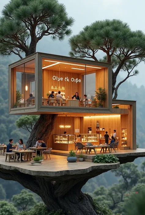 A miniature house made on a bonsai pot,  An avant-garde design tree house , Mainly wooden, The building is a cake shop and cafe, The roof has a nice balance of  /[Cake & Cafe/]letters, The building has innovative geometric shapes and panoramic glass windows、You can enjoy the view above the bonsai pot.  uses light and dark wood ,  creates an elegant and contemporary contrast .  The structure is harmoniously integrated with the bonsai branches ,  uses cutting-edge technology to ensure stability and sustainability . abroad,  There is a showcase with cakes inside the building, 現代的な椅子とテーブルとLEDライトを備えたWideいテラス席があり、illuminates the store in a soft, futuristic way .  The store is inside a bonsai branch that stretches left and right, Several groups of customers eat cake and drink coffee inside the store and at the cafe on the terrace, There is a clerk at the back of the showcase, 
The tree house in a modern miniature house、stands gracefully within the dense branches of a bonsai pine tree. contemporary design、and an elegant cube with a smooth wooden exterior, A large glass window providing a delicate view of the surrounding branches It is characterized by. Warm golden light from the interior lighting, It creates a nice and inviting atmosphere. Wide々The deck is a cafe, chairs and tables are arranged outdoors, promises comfort and fun and elegant coffee time. The architectural design blends seamlessly with nature, The store is between the thick branches of a bonsai tree, x} It emphasizes the perfect balance between innovation and harmony with the environment. The bonsai pot is also in restrained colors,  adding a serene atmosphere, gives the evening scenery a spiritual texture. the overall atmosphere is quiet, It is a timeless fusion of the modern human design and natural world, 