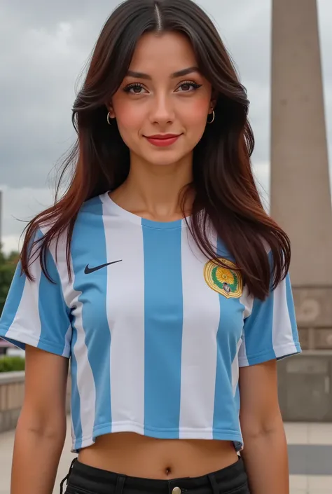 -High quality- -masterpiece- A 19-year-old girl, very beautiful, white skin, dark hair, cute brown eyes, very sexy body, dressed in an Argentina national team t-shirt, short black pants, posing near the obelisk in Argentina, friendly and tender smile.