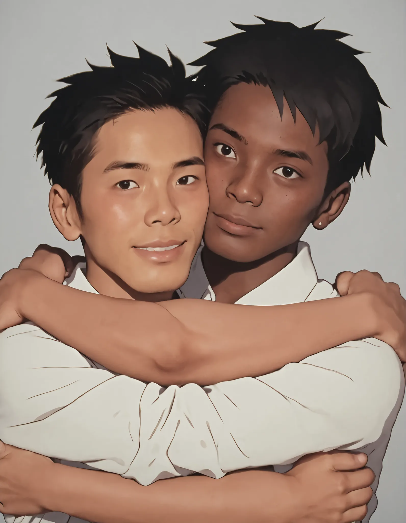 Japanese and Southeast Asian faces, dark skin, shibeyuuji , ash kethcum, boy , shibayuuji stil, anime style, sweat, boy 、 mole, grown jaw, multiple boy s, school hugging、 hug