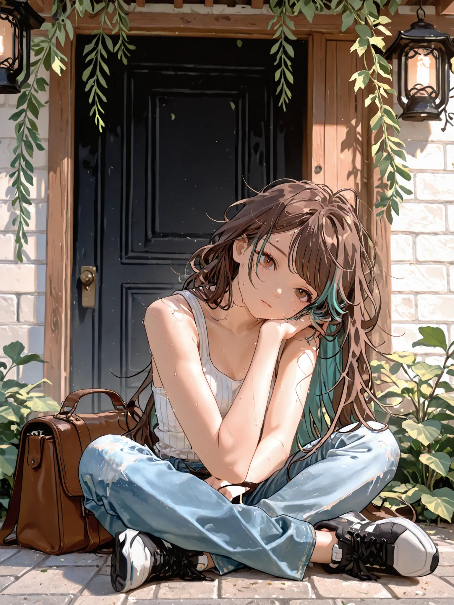 (masterpiece:1.2, Best Quality), (finely detailed beautiful eye: 1.2), (beautiful detailed face), close up, 1girl, solo, full body, brown eyes, very long hair, brown hair, teal highlights, swept bangs, small breasts, messy hair, toned arms, arms folded, he...