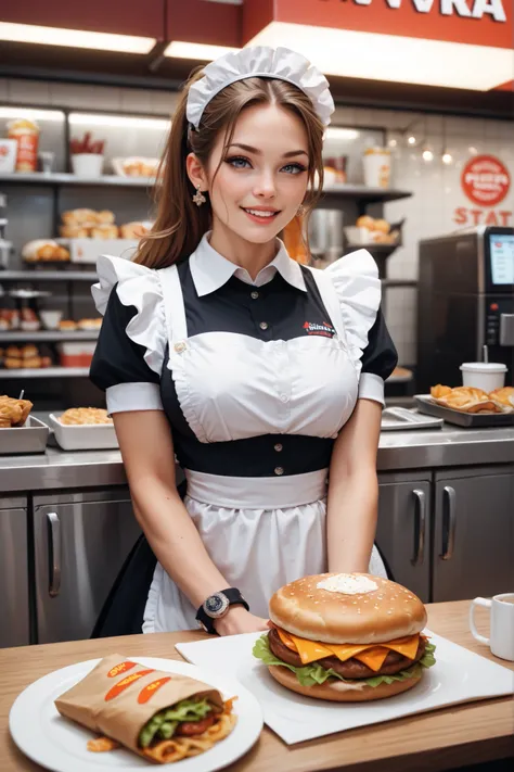 Maid working behind a fast food counter