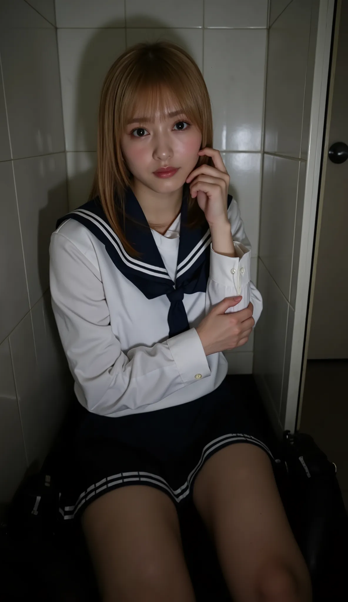 (((Sensual and ugly:1.7)))、(Bitch Girl:1.5)、(1 girl)、Blonde、ponytail、In the dark shower、(Sad face) ,pov,(naughty :1.5),(slut:1.5),(vulgarity:1.15) ,sitting ,(spread legs:1.4),legs wide open,leg up,(arm support:1.4),shoes,(black panties peek:1.3), (school u...