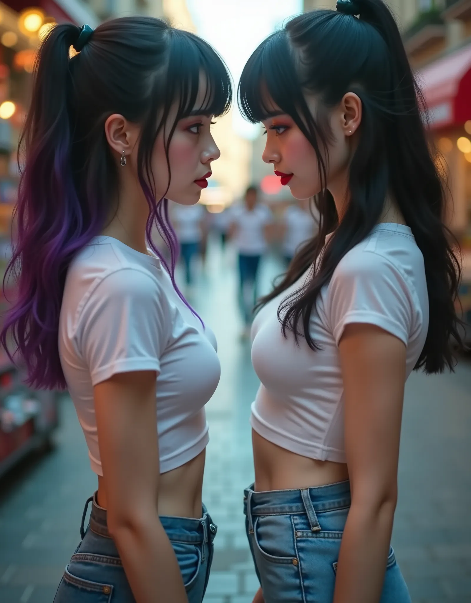 ((RAW Photo), Absurds, (Absurd Resolution)), (Masterpiece, Best Quality), ((Hyperrealism, Photorealistic)), (AI Fantasy), (masterpiece, highest quality, amazing quality), (two beautiful girls, 18 years old), (red lips), (black hair, purple highlights), ((s...