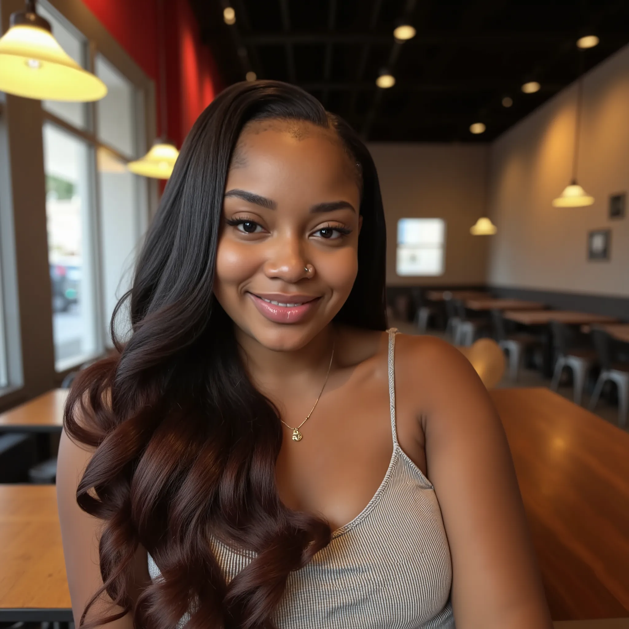 A pretty black woman, sundress clothing, selfie pose , modern cafe, full lips, septum ring, bbw, taking a selfie 
