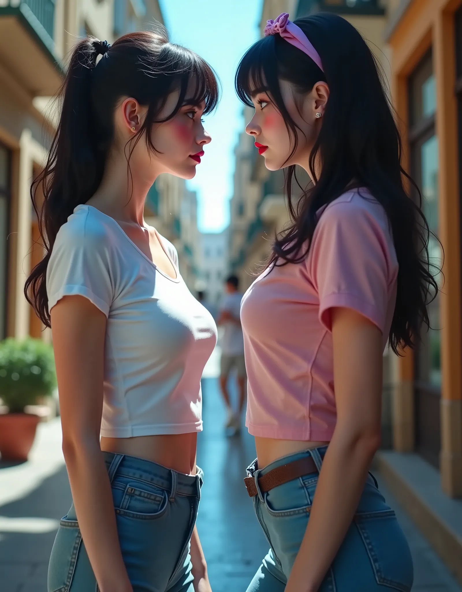 ((RAW Photo), Absurds, (Absurd Resolution)), (Masterpiece, Best Quality), ((Hyperrealism, Photorealistic)), (AI Fantasy), (masterpiece, highest quality, amazing quality), (two beautiful girls, 18 years old), (red lips), (black hair, purple highlights), ((s...