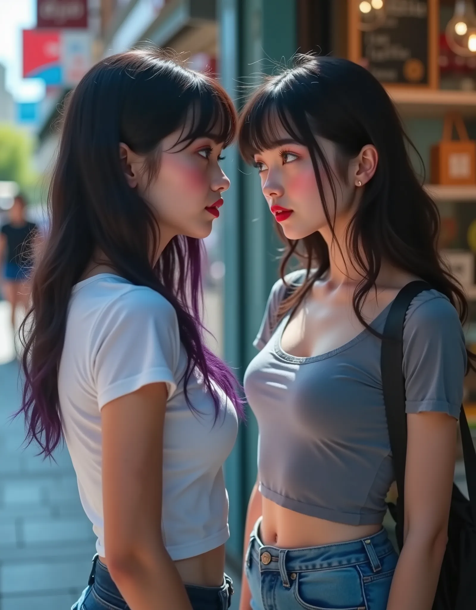 ((RAW Photo), Absurds, (Absurd Resolution)), (Masterpiece, Best Quality), ((Hyperrealism, Photorealistic)), (AI Fantasy), (masterpiece, highest quality, amazing quality), (two beautiful girls, 18 years old), (red lips), (black hair, purple highlights), ((s...