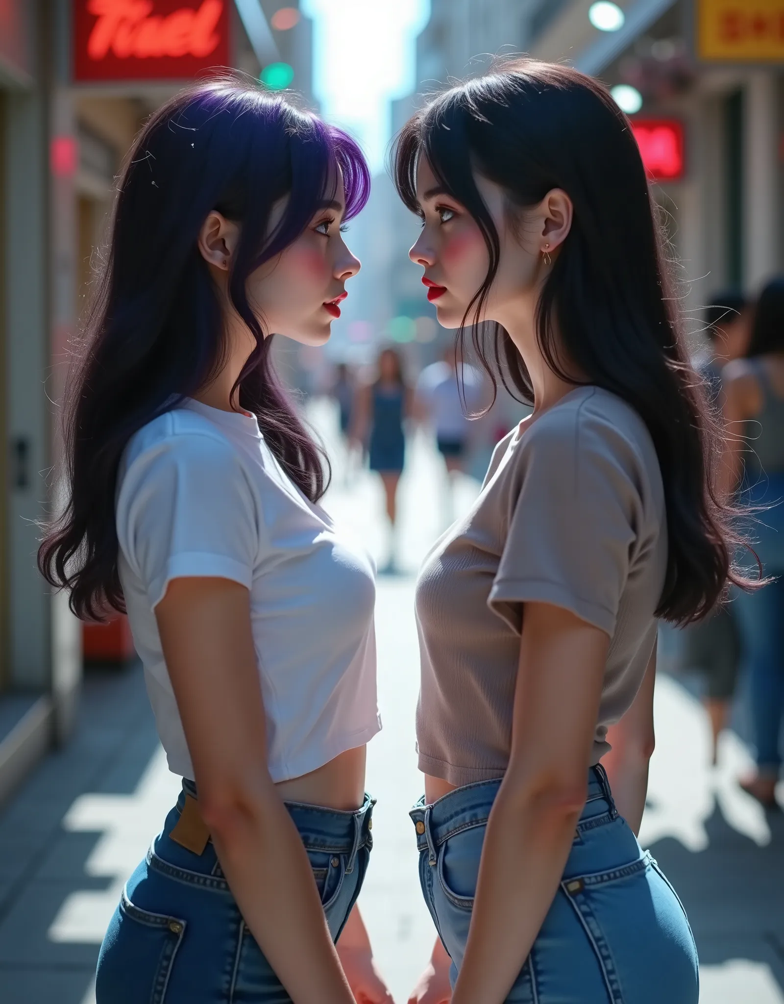 ((RAW Photo), Absurds, (Absurd Resolution)), (Masterpiece, Best Quality), ((Hyperrealism, Photorealistic)), (AI Fantasy), (masterpiece, highest quality, amazing quality), (two beautiful girls, 18 years old), (red lips), (black hair, purple highlights), ((s...