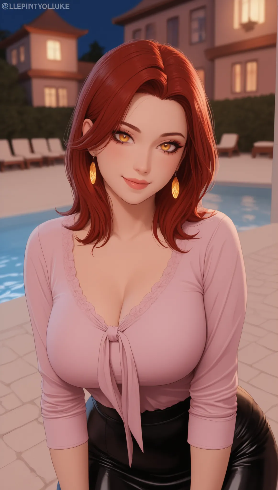 (masterpiece), (portrait), huges breasts (aesthetics), ((1 female 21 years old)), Highlight earrings), ((medium hair)), ((Hot dark red hair)), straight hair, thin eyes open, yellow eyes, cute, female, woman, mischievous smile, beautiful, female features, t...