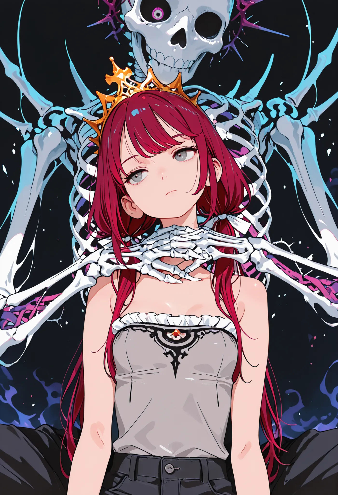 (masterpiece:1.2, Best Quality), (finely detailed beautiful eye: 1.2), (beautiful detailed face), 1girl, close up, toned arms, character: expressionless girl, head tilt, looking down, close up, , beautiful face, Gray eyes, Dark red hair, long swept bangs, ...