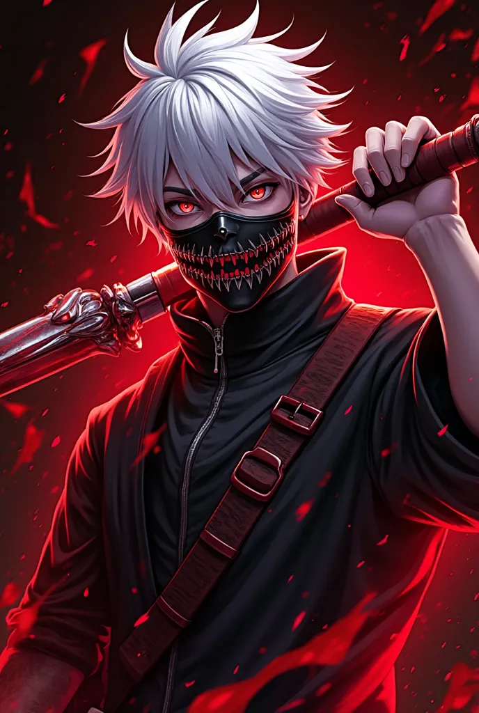 Design a dynamic 3D gaming 3840 × 2160 4K resolution logo with a bold red character, a fierce boy with white hair holding a glowing weapon in place of thunder Position  boldly in white at the center, radiating intensity, and 1boy,8k, anime, portrait, best quality, ultra high res, ultra detailed, black and high constrast color tone, extremely detailed lighting, cinematic lighting, soft lights, (masterpiece, high quality:1.4), ( white and red hair, red and blue eye, mask | teeth, blood eyes, black clothes, scorpio tentacles),  blood, ((full body)), (dynamic pose), black background, thrilling, (fierce face)