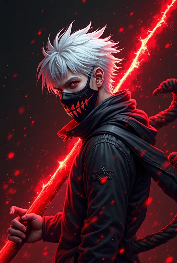 Design a dynamic 3D gaming 3840 × 2160 4K resolution logo with a bold red character, a fierce boy with white hair holding a glowing weapon in place of thunder Position  boldly in white at the center, radiating intensity, and 1boy,8k, anime, portrait, best quality, ultra high res, ultra detailed, black and high constrast color tone, extremely detailed lighting, cinematic lighting, soft lights, (masterpiece, high quality:1.4), ( white and red hair, red and blue eye, mask | teeth, blood eyes, black clothes, scorpio tentacles),  blood, ((full body)), (dynamic pose), black background, thrilling, (fierce face)
