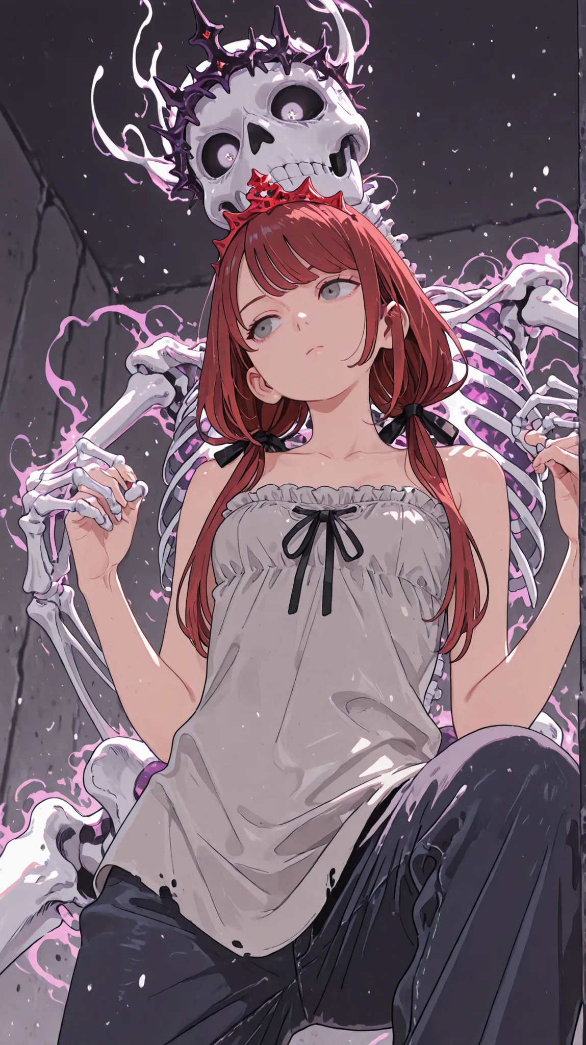 masterpiece:1.2, Best Quality), (finely detailed beautiful eye: 1.2), (beautiful detailed face), from below, 1girl, close up, toned arms, character: expressionless girl, head tilt, looking down, close up, , beautiful face, Gray eyes, Dark red hair, long sw...