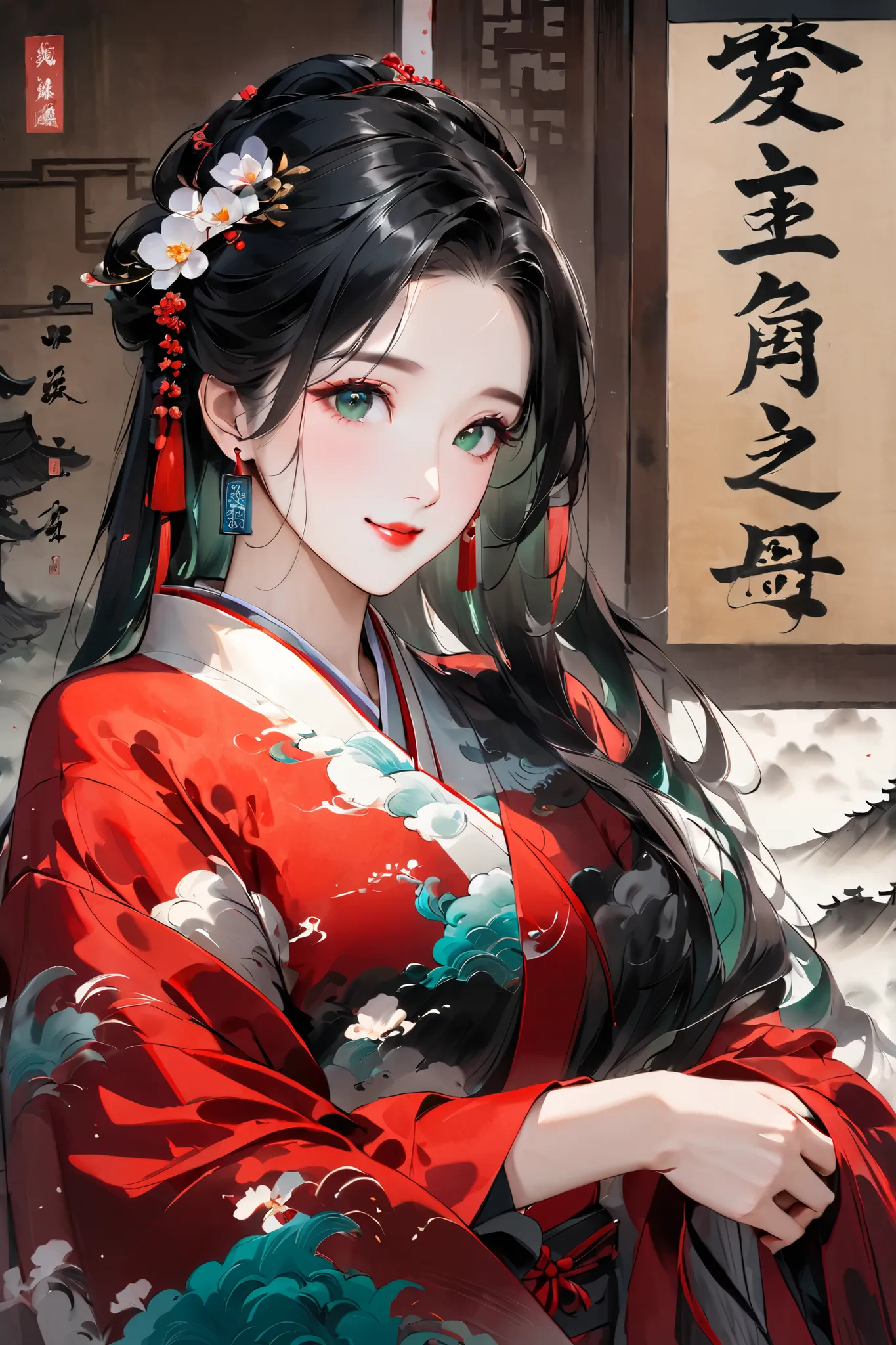 Solo, Traditional Chinese ink brush painting of a beautiful woman, 28 years old mature looking woman, long face, black hair, emerald green eyes, coloured images, masterpiece, best quality,  chinese traditional red marriage robe, standing in an ancient trad...