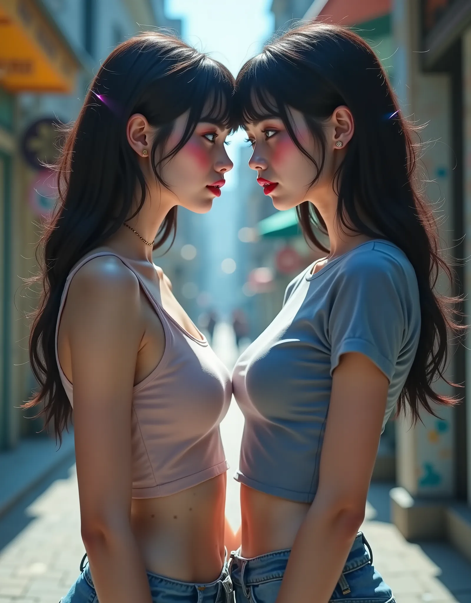 ((RAW Photo), Absurds, (Absurd Resolution)), (Masterpiece, Best Quality), ((Hyperrealism, Photorealistic)), (AI Fantasy), (masterpiece, highest quality, amazing quality), (two beautiful girls, 18 years old), (red lips), (black hair, purple highlights), ((s...
