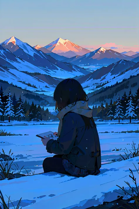 Masterpiece:1.2, Best quality, super detailed, 1 girl, Mountain, winter, sketch, scarf, peaceful, peaceful, winter scenery