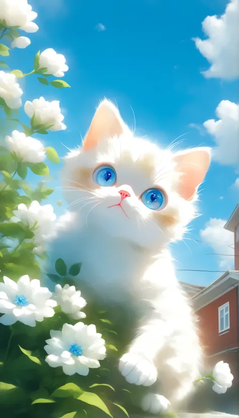 exist看_exist_audience, blue_Eyes, flower, outdoor, sky空, sky, cloud, blue_sky空, No_Human, animal, cexist, White_flower, realistic, animal_Key Points, White_cexist