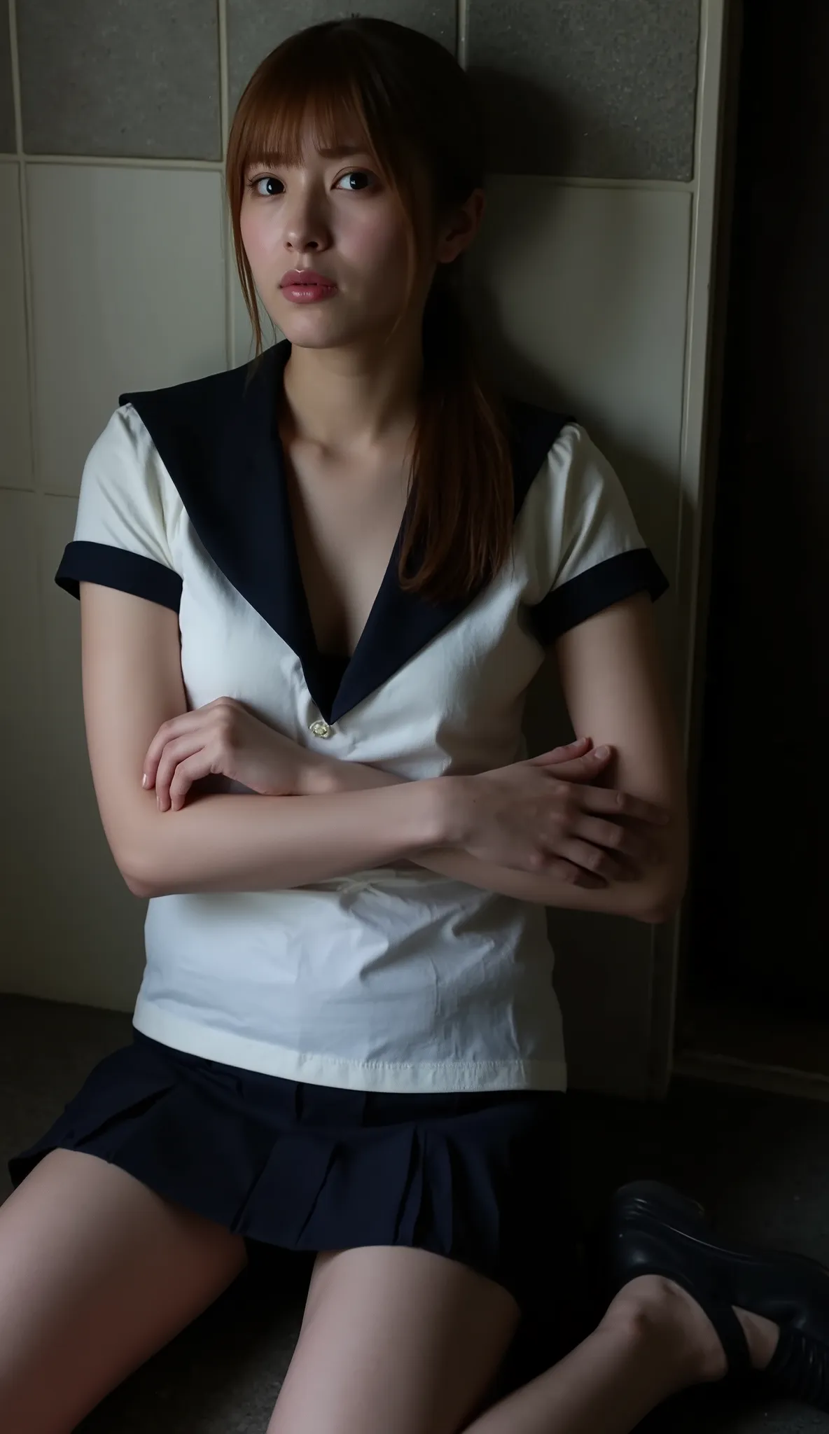 (((Sensual and ugly:1.7)))、(Bitch Girl:1.5)、(1 girl)、Blonde、ponytail、In the dark shower、(Sad face) ,pov,(naughty :1.5),(slut:1.5),(vulgarity:1.15) ,sitting ,(spread legs:1.4),legs wide open,leg up,(arm support:1.4),shoes,(black panties peek:1.3), (school u...